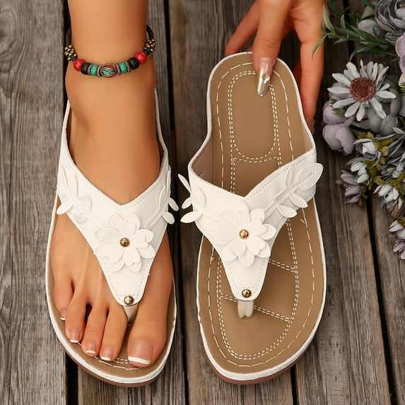 HAOTAGS Womens Casual Wedge Heel Sandals Comfortable Flip Flops with Arch Support White Size 6.5