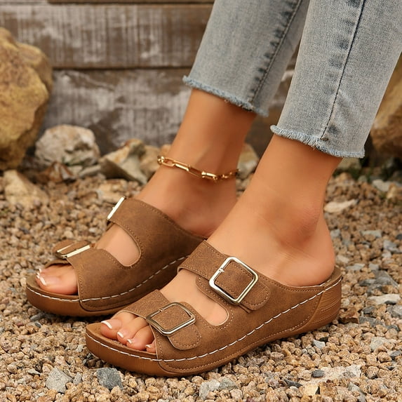 HAOTAGS Womens Casual Wedge Heel Sandals Comfortable Sandals with Arch Support Brown Size 6