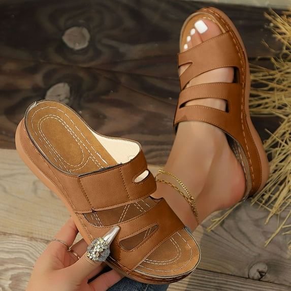 HAOTAGS Womens Casual Wedge Heel Sandals Fish Mouth Comfortable Walking Platform Shoes Brown Size 5.5