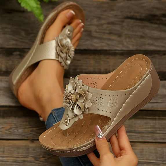 HAOTAGS Womens Casual Wedge Heel Sandals Fish Mouth Flower Casual Outdoor Flip-flops Gold Size 9