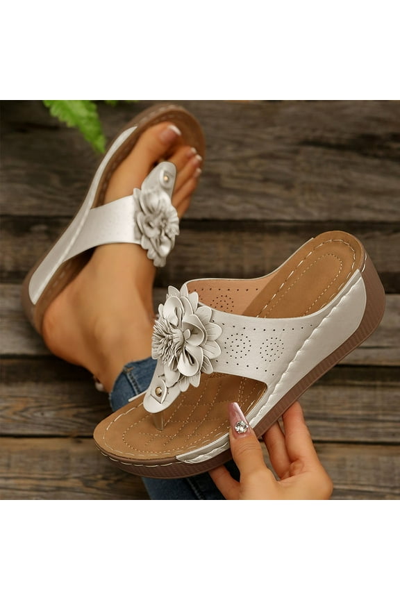 Womens Casual Wedge Heel Sandals Fish Mouth Flower Casual Outdoor Flip-flops White Size 9
