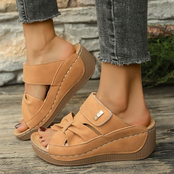 HAOTAGS Womens Casual Wedge Heel Sandals Fish Mouth Walking Platform Shoes Brown Size 5.5