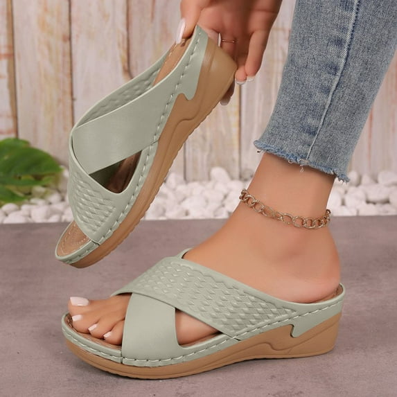 HAOTAGS Womens Casual Wedge Heel Sandals Hollow Solid Color Dressy Shoes Green Size 5.5