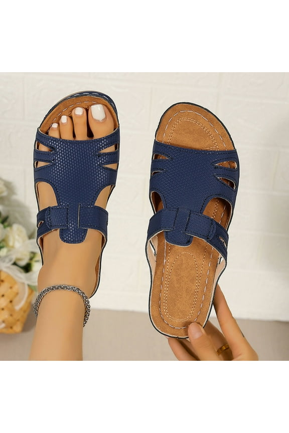 Womens Casual Wedge Heel Sandals Single Band Fish Mouth Hollow Dressy Comfortable Slides Sandals Dark Blue Size 9