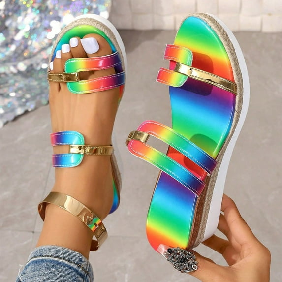 HAOTAGS Womens Casual Wedge Heel Sandals Single Band Hollow Vintage 2025 Fashion Shoes Multicolor Size 9