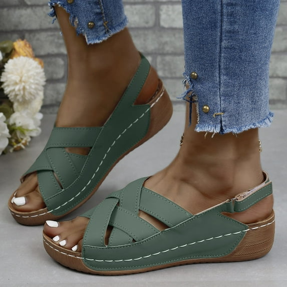 HAOTAGS Womens Casual Wedge Sandals Fish Mouth 2025 Summer Fashion Shoes Green Size 7