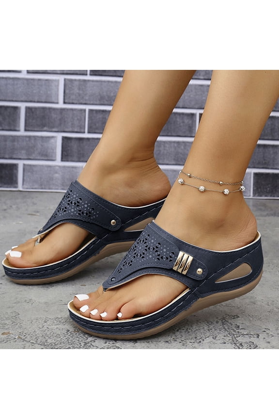 Womens Casual Wedge Sandals with Arch Support Clip Toe Comfortable Outdoor Shoes Dark Blue Size 10