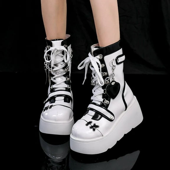HAOTAGS Womens Chunky Heel Boots, Casual Y2K Trendy Lace Up Boots White 5.5