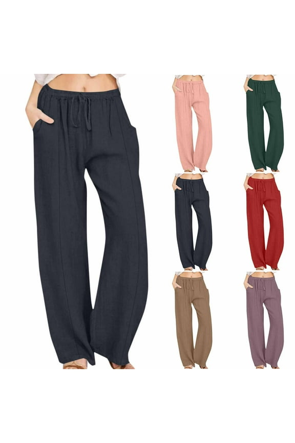 Womens Cotton Linen Pants High Waist with Drawstring Straight Leg Lounge Pants for Women Solid Color Slacks Navy Size 2XL