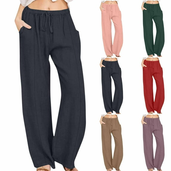 HAOTAGS Womens Cotton Linen Pants High Waist with Drawstring Straight Leg Lounge Pants for Women Solid Color Slacks Navy Size 2XL