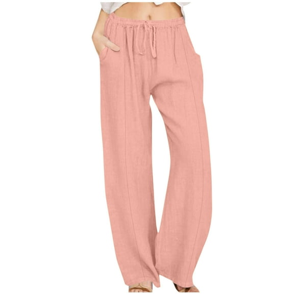 HAOTAGS Womens Cotton Linen Pants High Waist with Drawstring Straight Leg Lounge Pants for Women Solid Color Slacks Pink Size 2XL