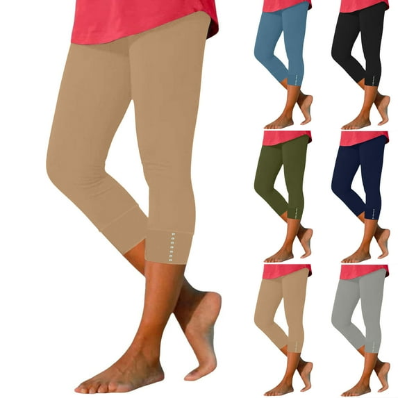 HAOTAGS Womens Cropped Beach Leggings, Solid Color High Waisted Summer Capri Pants Casual Outdoor Yoga Pants Khaki Size L