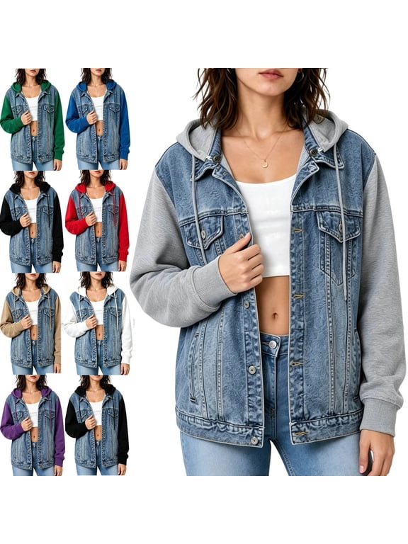 Womens Denim Jacket with Multi-Pockets, Long Sleeve Casual Button-Down Fall Winter Outerwear White Size S