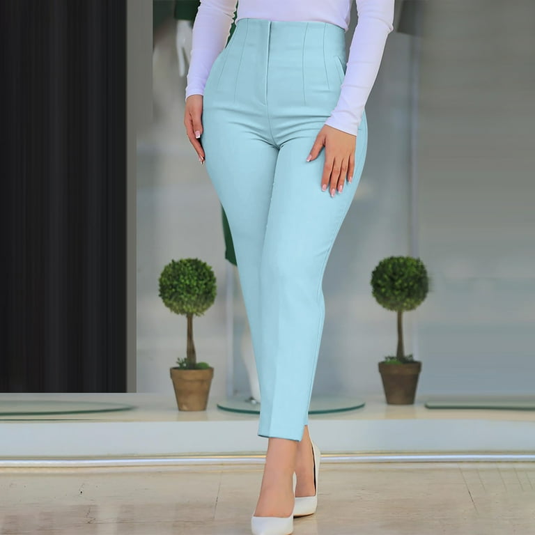 HAOTAGS Womens Dress Pants Slim Fit Stretchy High Waisted Solid Color Skinny Pants with Pockets Light Blue Size M