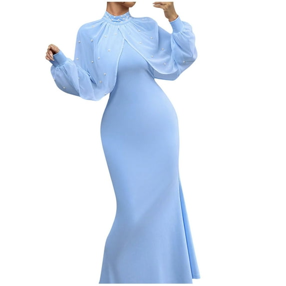 HAOTAGS Womens Dresses, Fall Dress Casual Long Sleeve Round Neck Long Dress Sky Blue L