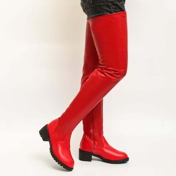 HAOTAGS Womens Fashion Over The Knee Boots Thigh High Slouch Suede Mid Heel Boot Ankle Strap Casual Shoes Red Size 10