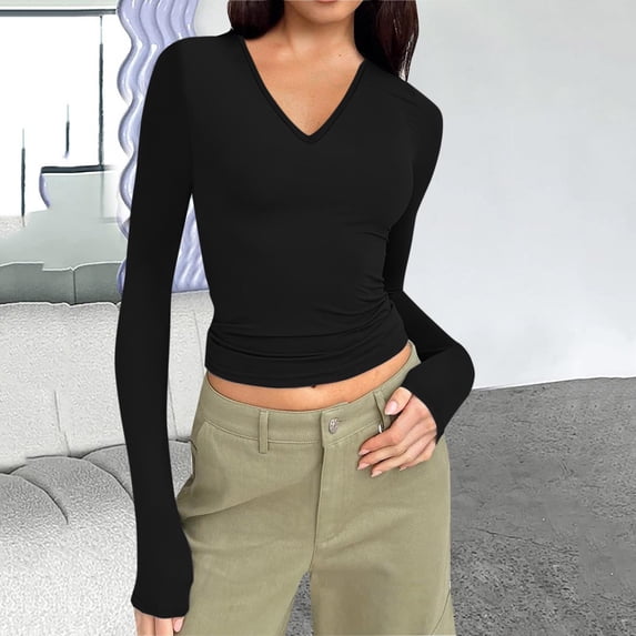 HAOTAGS Womens Fashion V-neck Croped Top Solid Color Long Sleeve Slim Fit Blouse Tops Black Size M