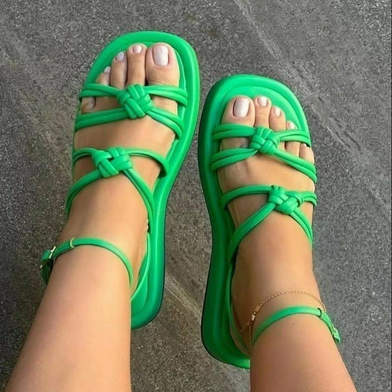 HAOTAGS Womens Flat Sandals Cross Strap Open Toe Slip On Casual Summer Beach Shoes Green Size 6
