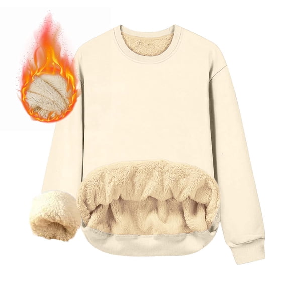 HAOTAGS Womens Fleece Lined Sweatshirts Casual Long Sleeve Crewneck Fall Winter Warm Pullover Tops Beige Size 5XL