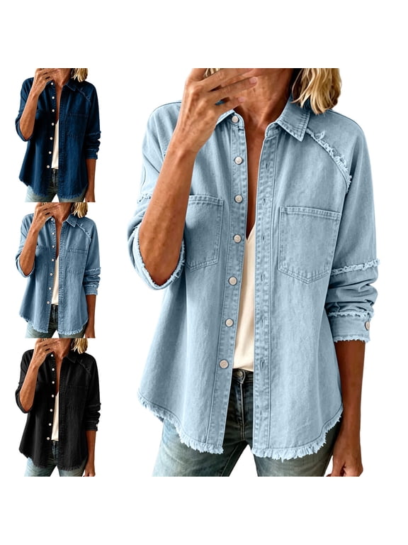 Womens Fringe Denim Jacket with Chest Pockets,Long Sleeve Loose Fit Button-Front Casual Jean Coat Dark Blue Size M