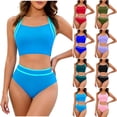 thumbnail image 1 of HAOTAGS Womens High Waisted Two Piece Swimsuit, Split Bikini Set Conservative Tummy Control Swimwear Bathing Suit Blue Size L, 1 of 9