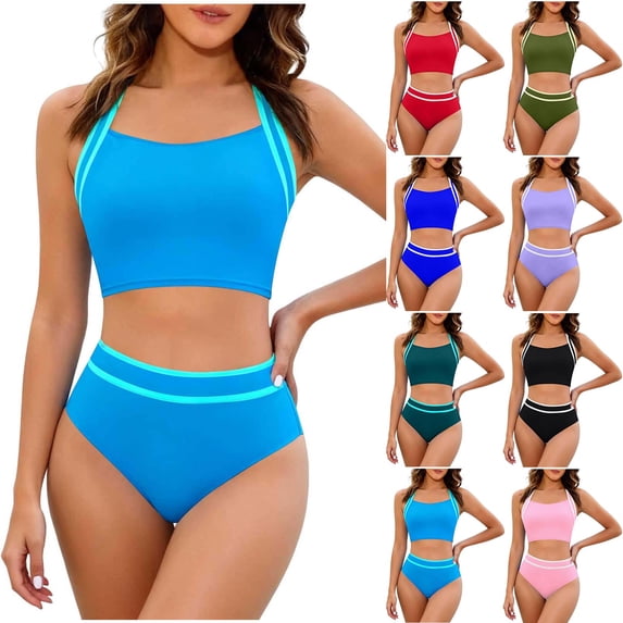 HAOTAGS Womens High Waisted Two Piece Swimsuit, Split Bikini Set Conservative Tummy Control Swimwear Bathing Suit Pink Size L