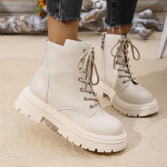 HAOTAGS Womens Lace Up Ankle Booties, Casual Thick Heel Fall Winter Round Toe Boots Beige 5.5