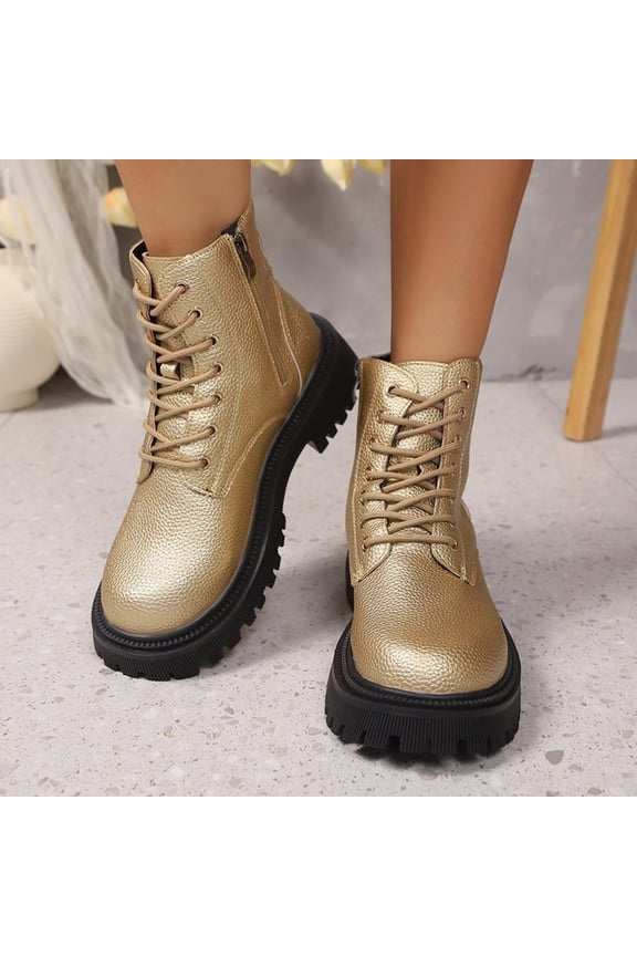 Womens Lace Up Boots, Spring Fall Thick Heel Casual Mid Calf Boots Gold 8.5