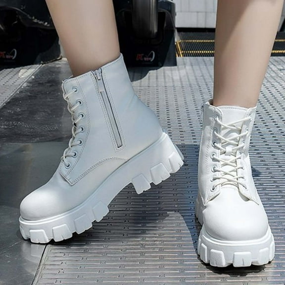 HAOTAGS Womens Lace Up Boots, Thick Heel Casual 2025 Fall Stylish Round Toe Booties White 8.5