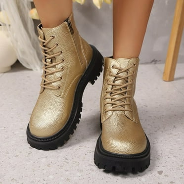 HAOTAGS Womens Lace Up Boots, Thick Heel Spring Fall Casual Mid Calf Boots Gold 9