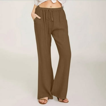 HAOTAGS Womens Linen Pants Straight Leg Lounge Pants High Waist with Drawstring Solid Color Slacks Coffee Size 2XL