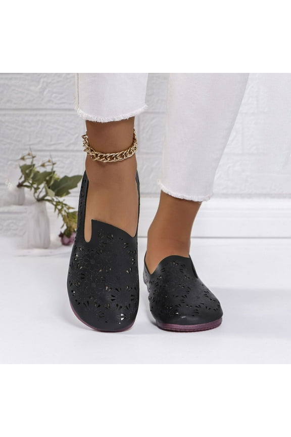 Womens Loafer Shoes Flat Hollow Flower Breathable Casual Wide Width Work Shoes Black Size 6