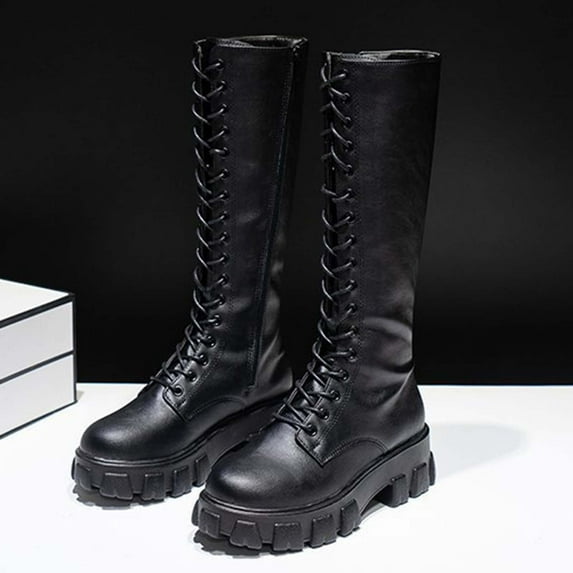 HAOTAGS Womens Long Boots, 2025 Fall Thick Heel Casual Lace Up Boots Black 9.5