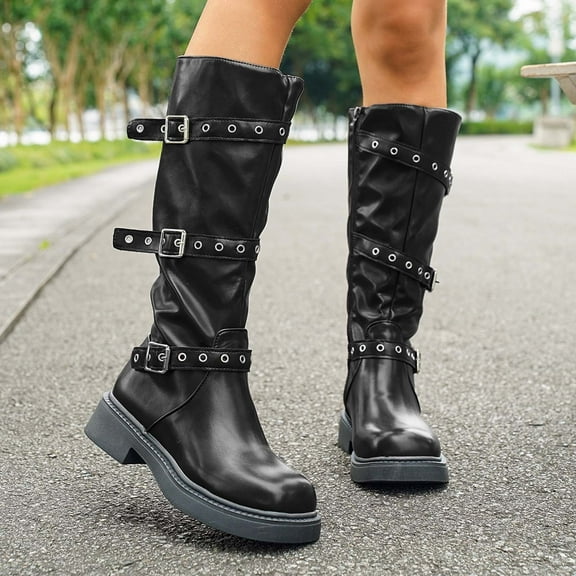 HAOTAGS Womens Long Boots, Belt Buckle Casual Spring Fall Trendy Leather Boots Black 9
