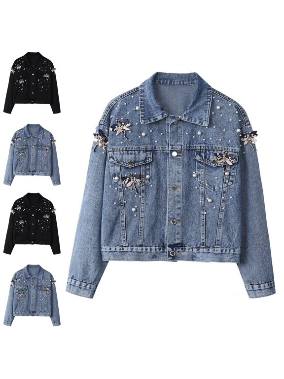 Womens Long Sleeve Denim Jacket Dragonfly Beaded Rhinestone Jean Coat Casual Outerwear Blue Size L