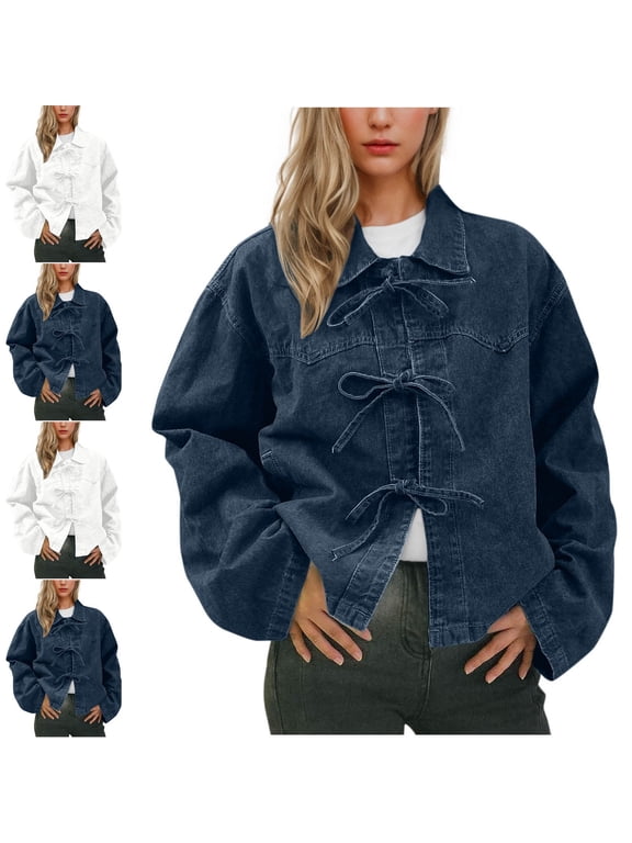 Womens Long Sleeve Denim Jacket Lapel Collar Tie Front Causal Jean Coat with Pockets White Size M