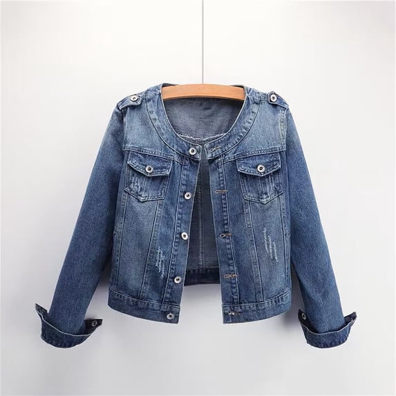 HAOTAGS Womens Long Sleeve Lapel Button Down Denim Jacket Casual Loose Fit Jean Jacket with Pockets Blue Size 4XL