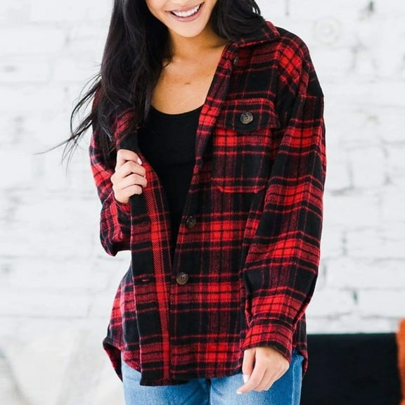 HAOTAGS Womens Long Sleeve Plaid Shirts Flannel Lapel Button Down Shacket Jacket Coats Red Size XL