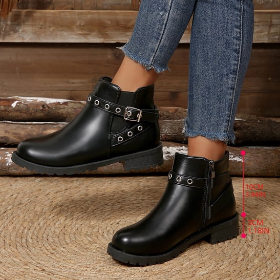 HAOTAGS Womens Low Heel Leather Boots, Fall Winter Ankle Boots Buckle Strap Booties Black 7