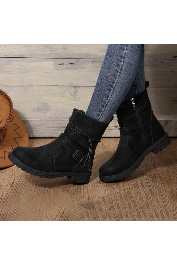 Womens Mid Calf Boots, Fall Casual Belt Buckle Fashion Booties Black 9