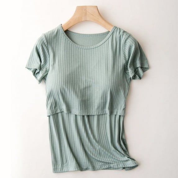 HAOTAGS Womens Nursing Tops Short Sleeve Pregnant Shirts Solid Color Round Neck Shirt Green Size 2XL