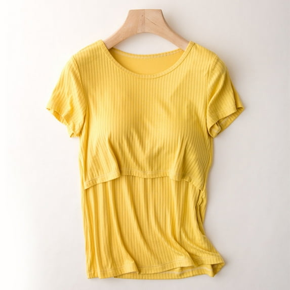 HAOTAGS Womens Nursing Tops Short Sleeve Pregnant Shirts Solid Color Round Neck Shirt Yellow Size XL