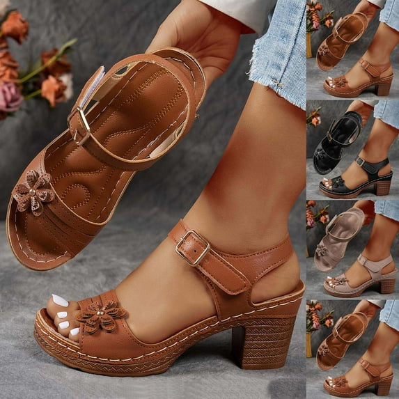 HAOTAGS Womens Open Toe Chunky Heel Sandals,Open Toe Breathable Ankle Strap Casual Summer Shoes Brown 6.5