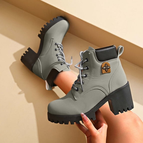 HAOTAGS Womens Outdoor Lace Up Boots, 2025 Fall Thick Heel Casual Booties Gray 7.5
