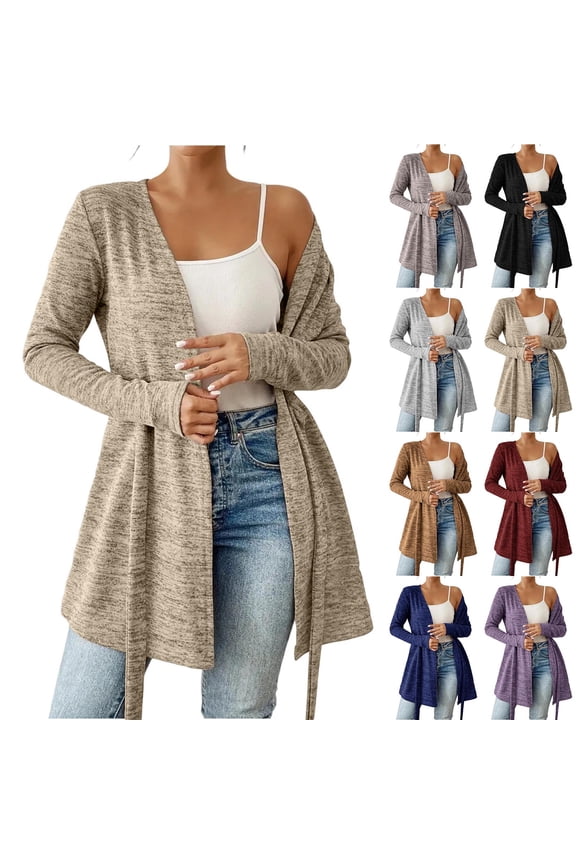 Womens Oversized Cardigans, Soft Knit Open Front Long Sleeve Cardigan Sweater with Adjustable Waist Strap Wine S