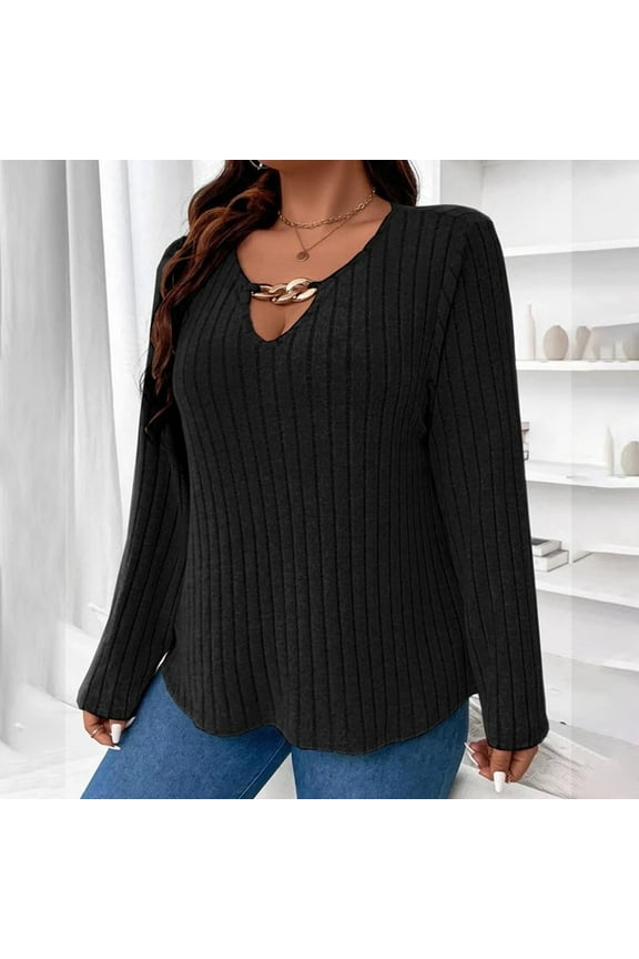 Womens Plus Size Sweaters, Casual Fall Winter V-neck Long Sleeve Pullover Top Black 5XL