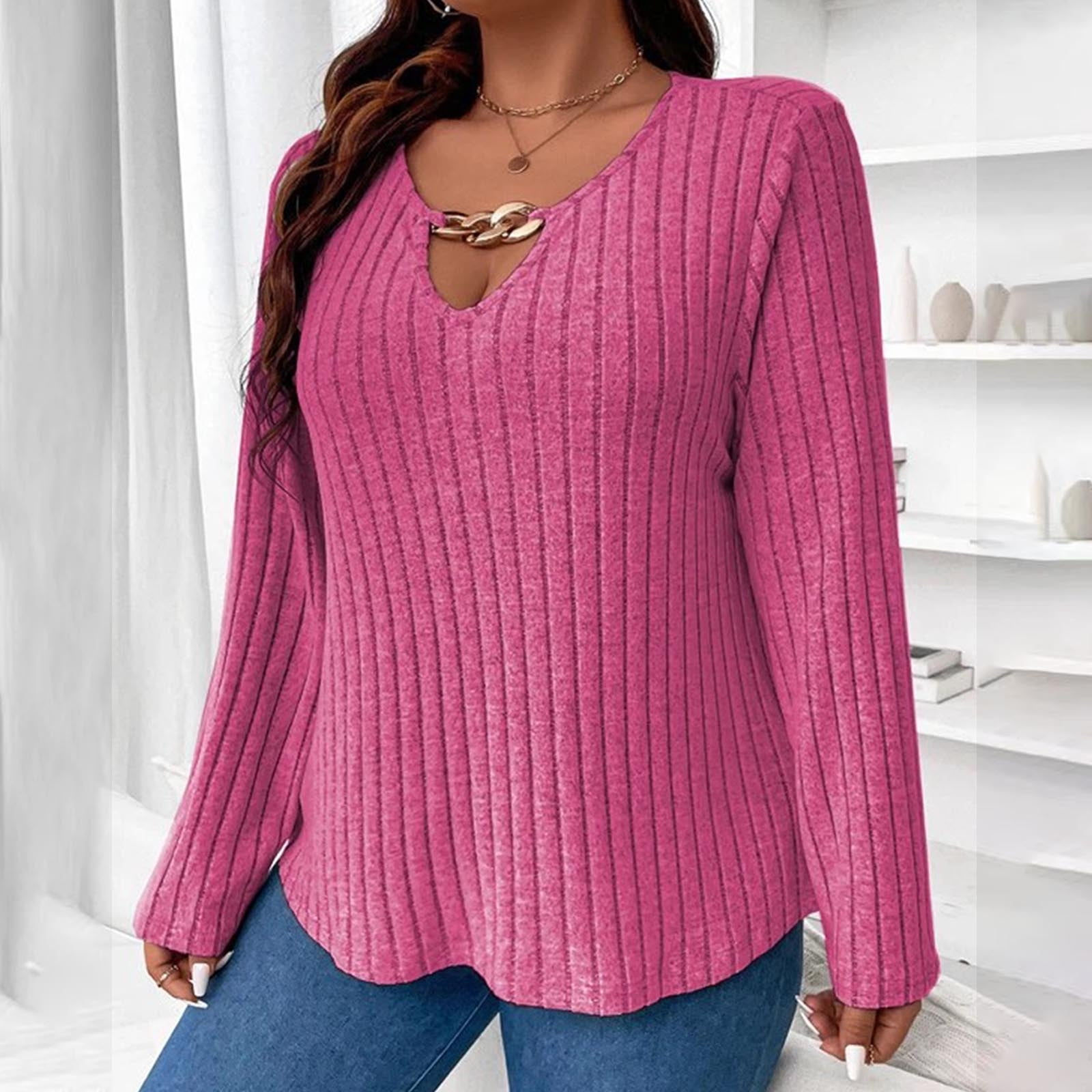 HAOTAGS Womens Plus Size Sweaters, Casual Fall Winter V-neck Long Sleeve  Pullover Top Hot Pink 5XL - Walmart.com