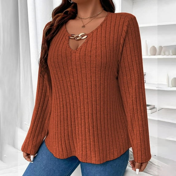 HAOTAGS Womens Plus Size Sweaters, Casual Fall Winter V-neck Long Sleeve Pullover Top Orange 3XL