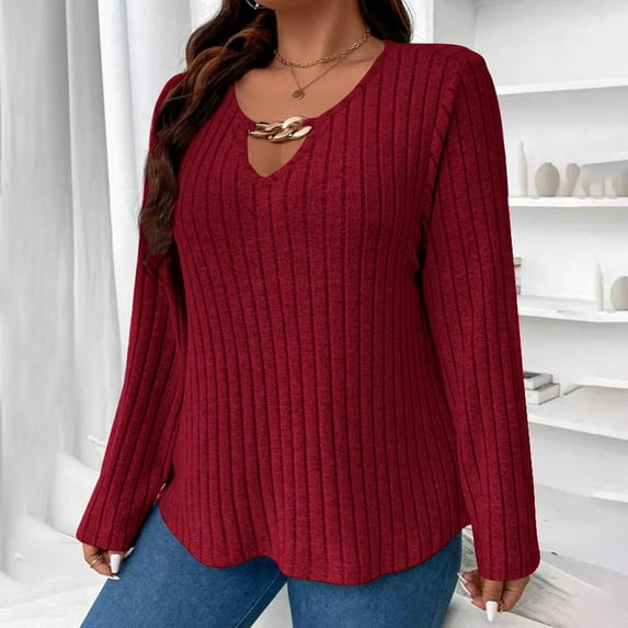 HAOTAGS Womens Plus Size Sweaters, Casual Fall Winter V-neck Long Sleeve Pullover Top Wine 5XL