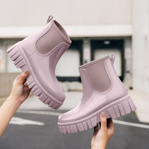 HAOTAGS Womens Rain Boots, Casual Shoes Solid Color Waterproof for Rainy Day Wear Pink 5.5
